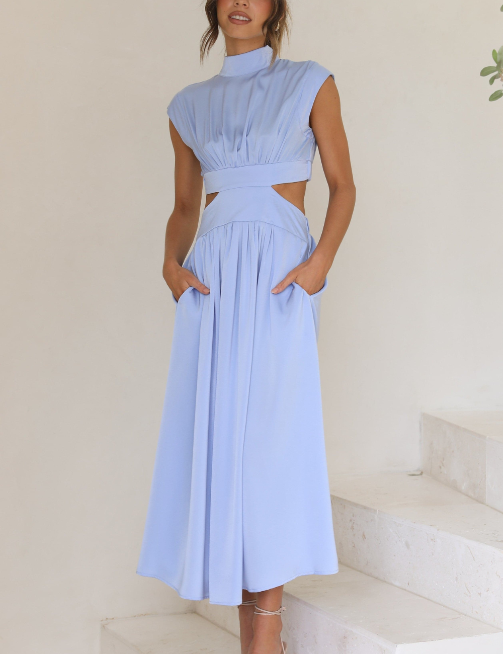 Robe élégante Ana en coton naturel avec poches, couleur Bleu clair, robe été dog