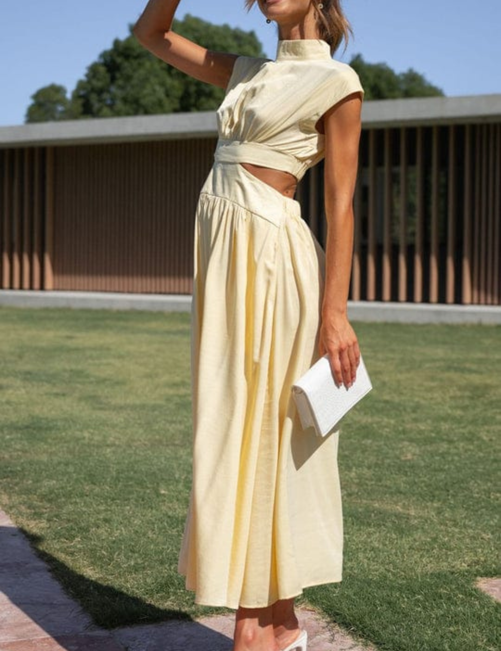 Robe élégante Ana en coton naturel avec poches, couleur Jaune clair, robe colorée