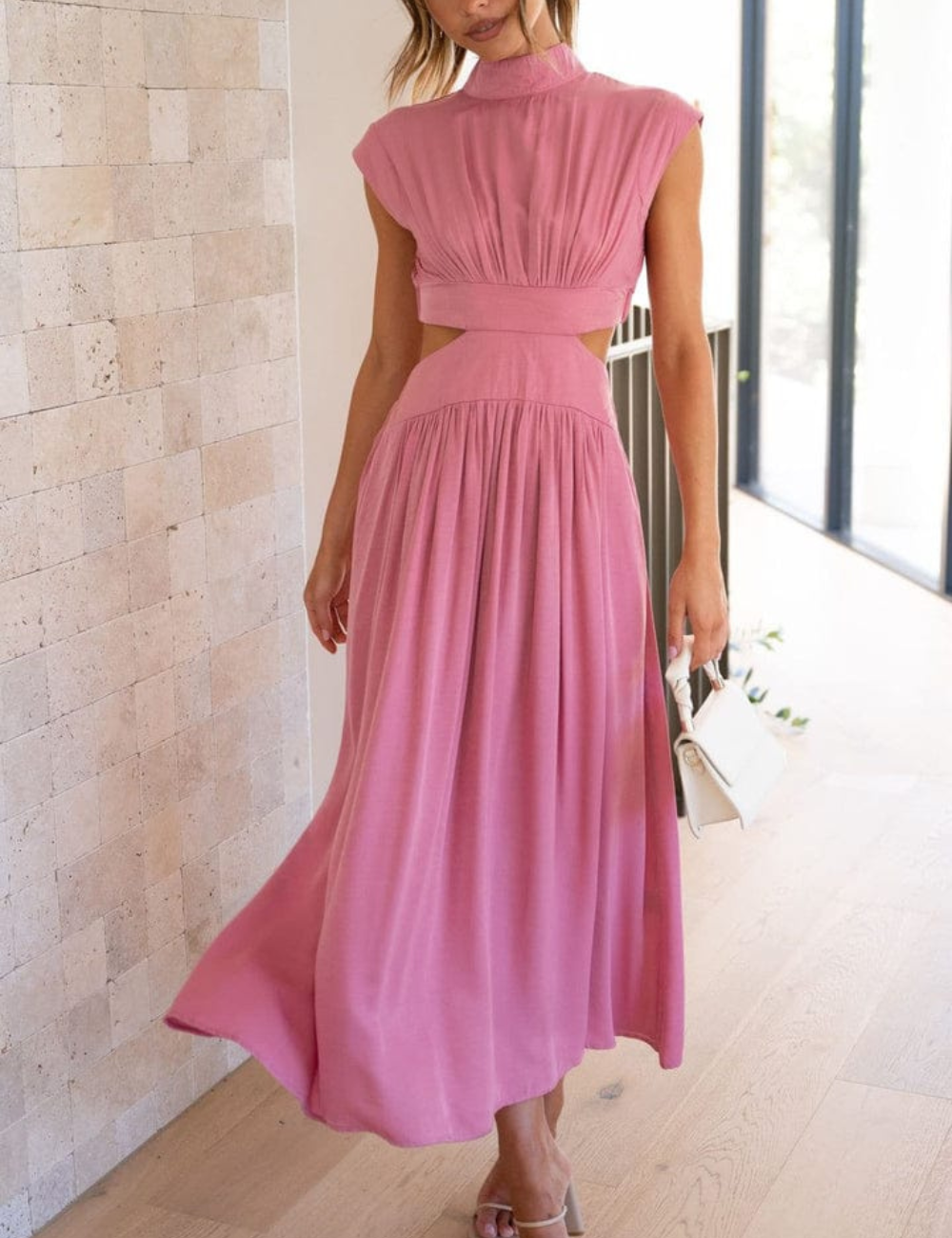 Robe élégante Ana en coton naturel avec poches, couleur Rose, robe pratique t