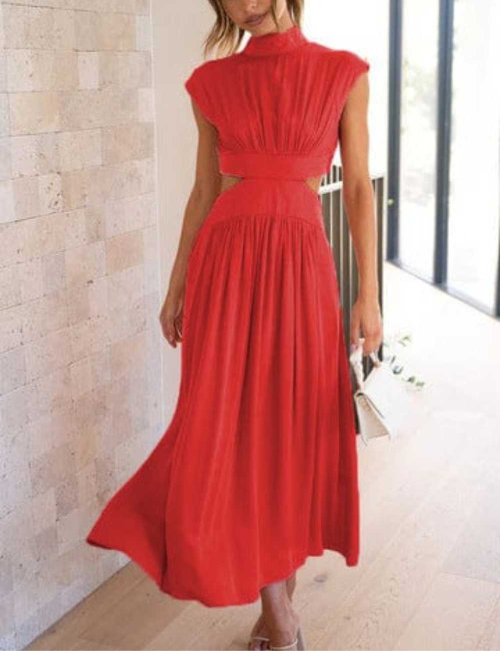 Robe élégante Ana en coton naturel avec poches, couleur Rouge, vestido élégant do