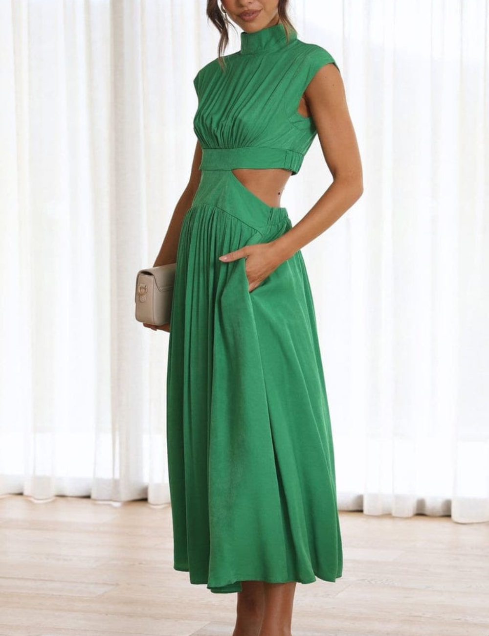 Robe élégante Ana en coton naturel avec poches, couleur Vert, robe confortable do