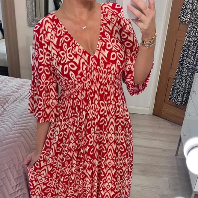 Robe Aria Rouge - Décolleté en V, tissu léger pour une élégance féminine trav