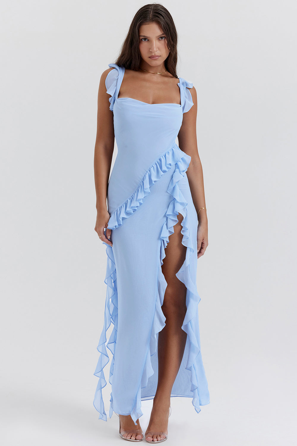 Robe Longue Fendue Élégante Aurelie en Bleu, une élégance intemporelle à porter d