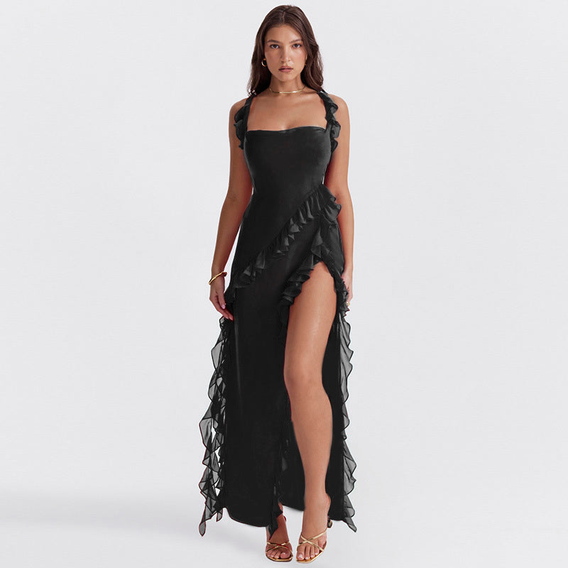 Robe Longue Fendue Élégante Aurelie en Noir, un classique pour toutes occasions d