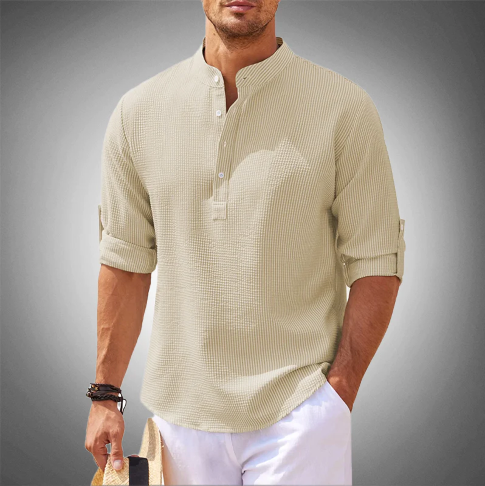 Chemise en lin contemporaine beige, style utilitaire et mode contemporaine tr