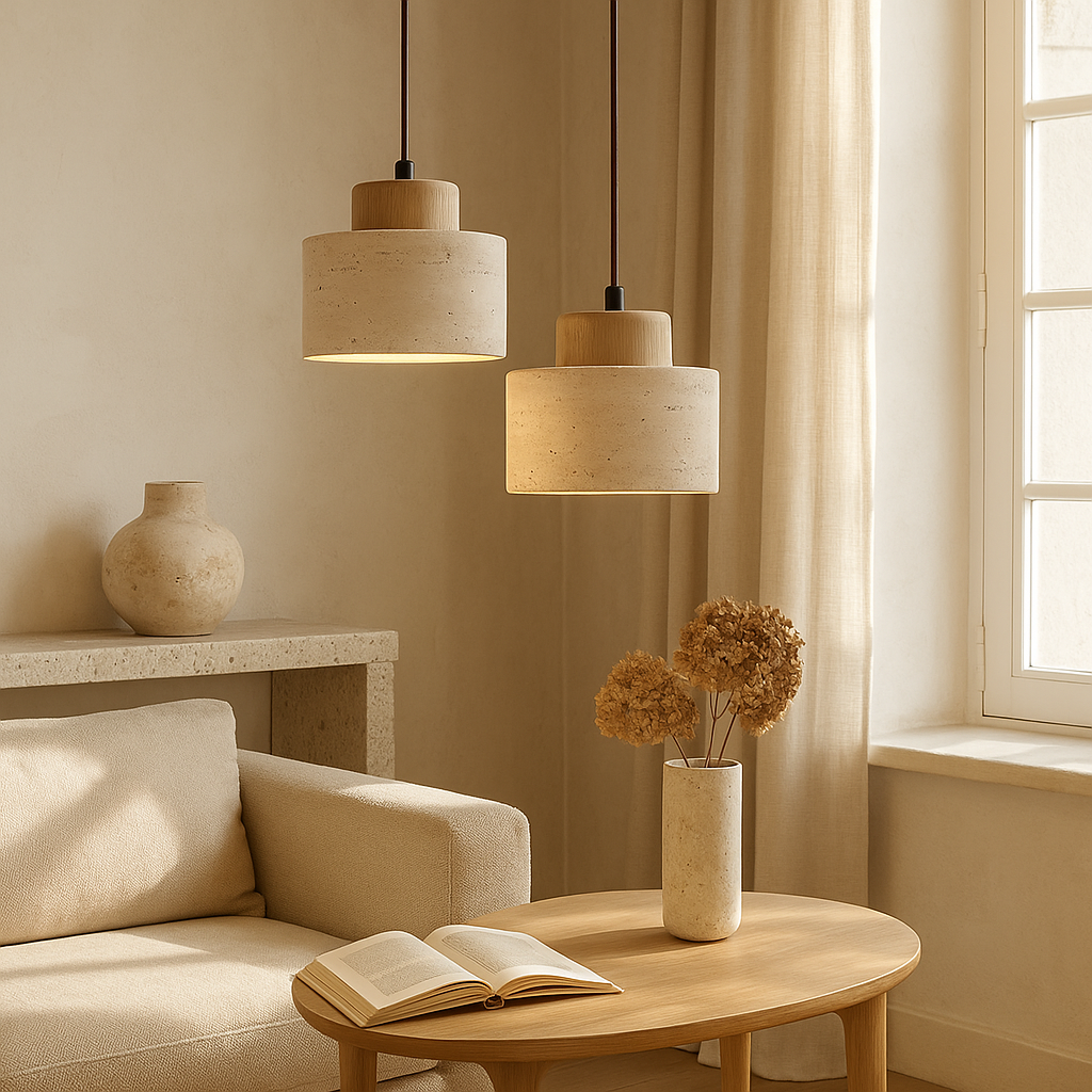 Pendant lamp in travertine stone