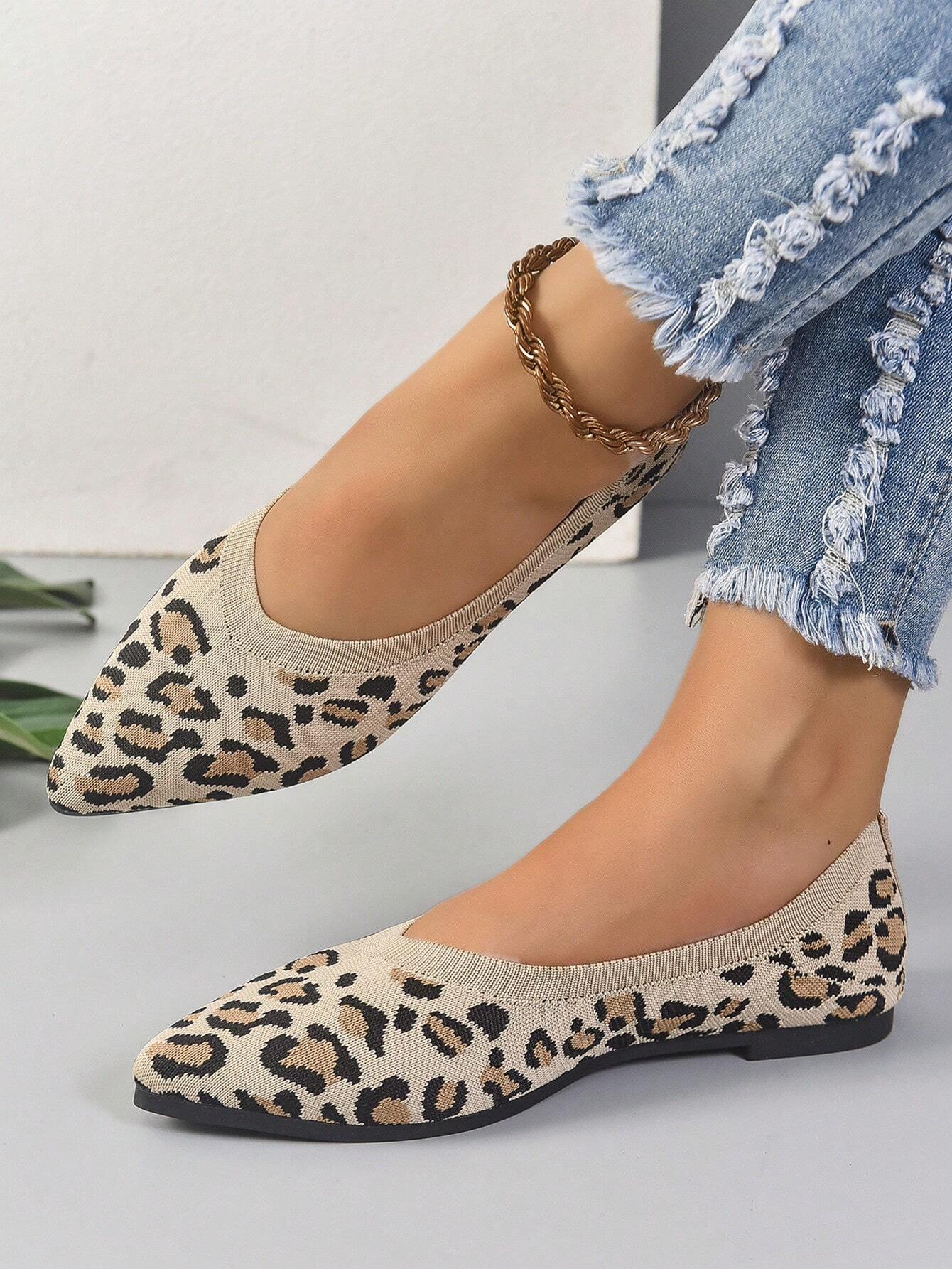 Chaussures à Motif Léopard en Tricot - Couleur Beige Neutre, Confortables et Polyvalentes