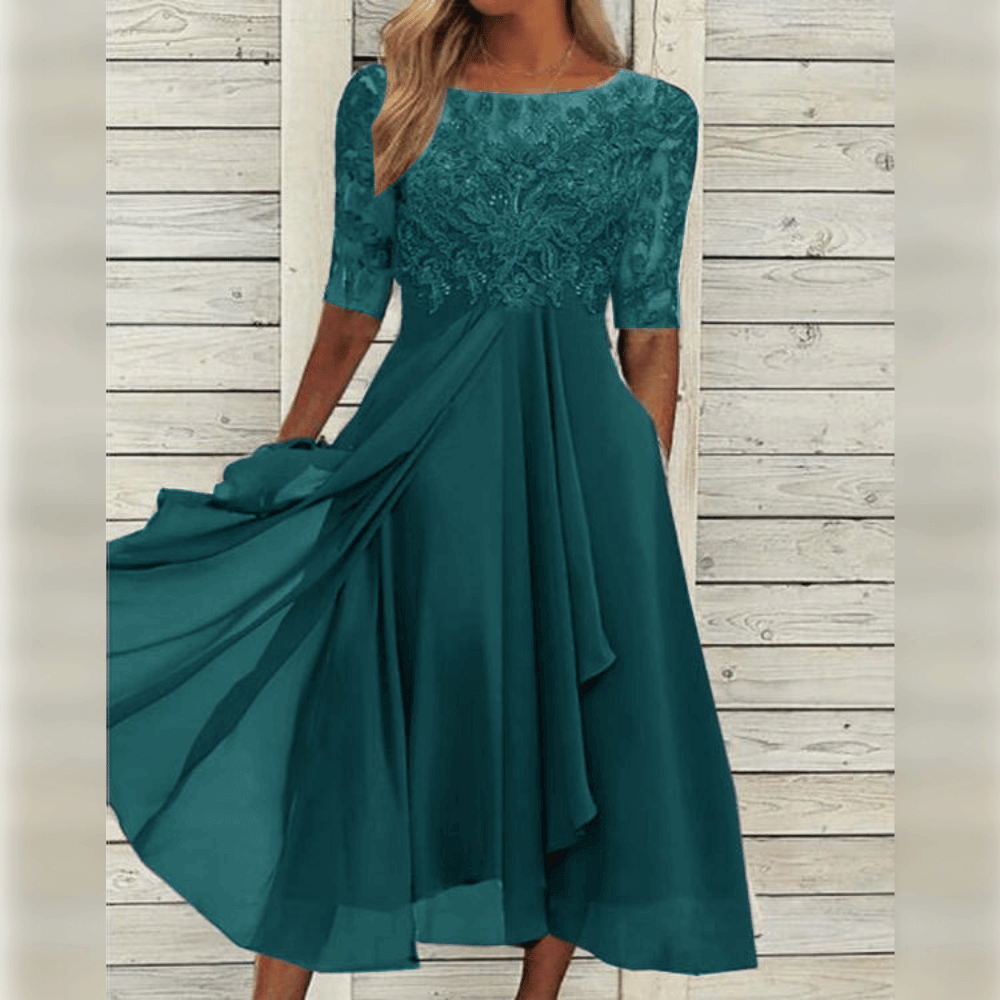 Robe midi parfaite Coline en Turquoise | Confort léger et motifs élégants pour une élégance intemporelle