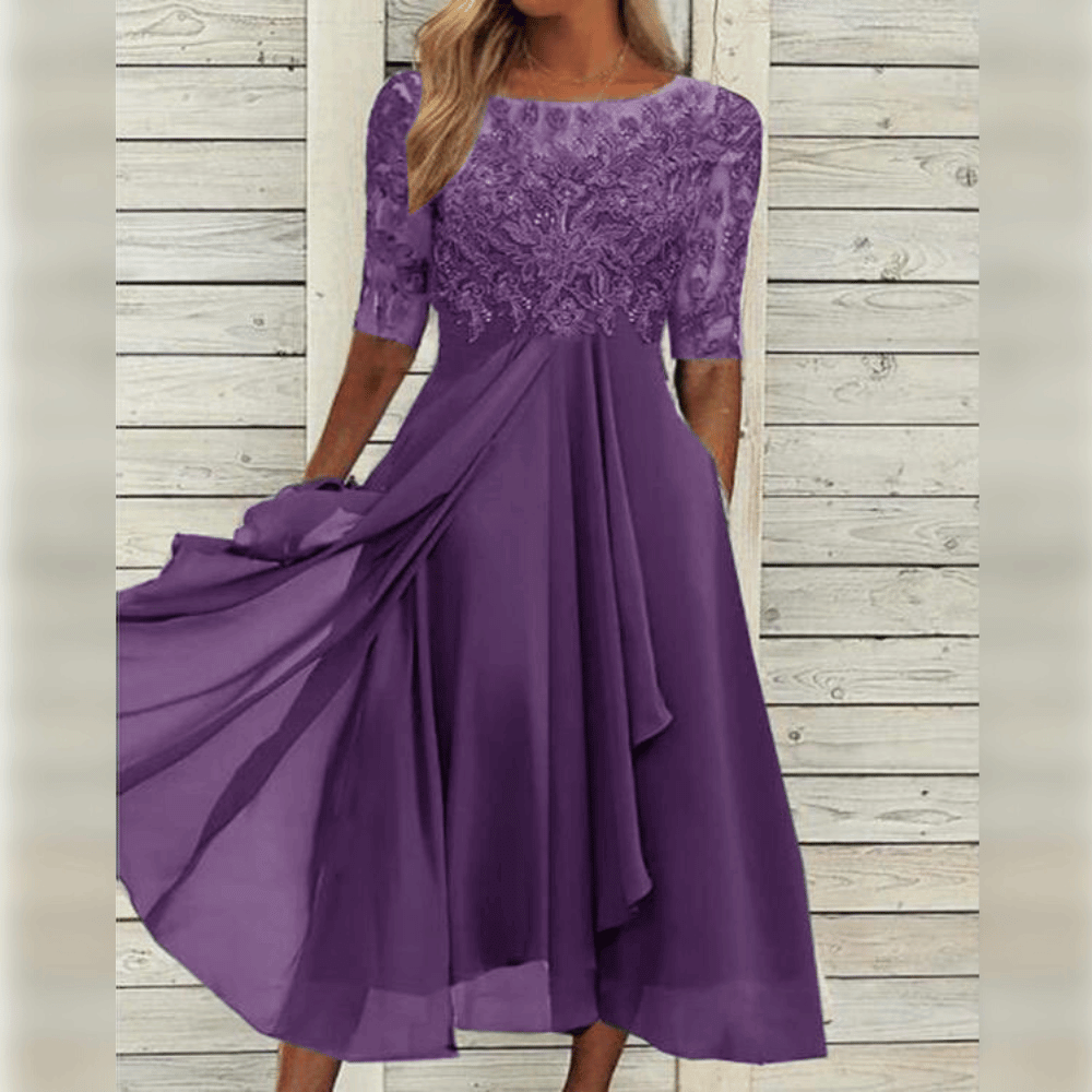 Robe midi parfaite Coline en Violet | Confort léger et motifs élégants pour une élégance intemporelle