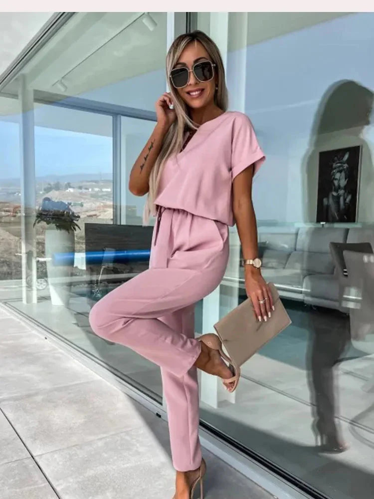 Combinaison Chic & Élégante en Polyester de Qualité - Taille Élastique, Col en V