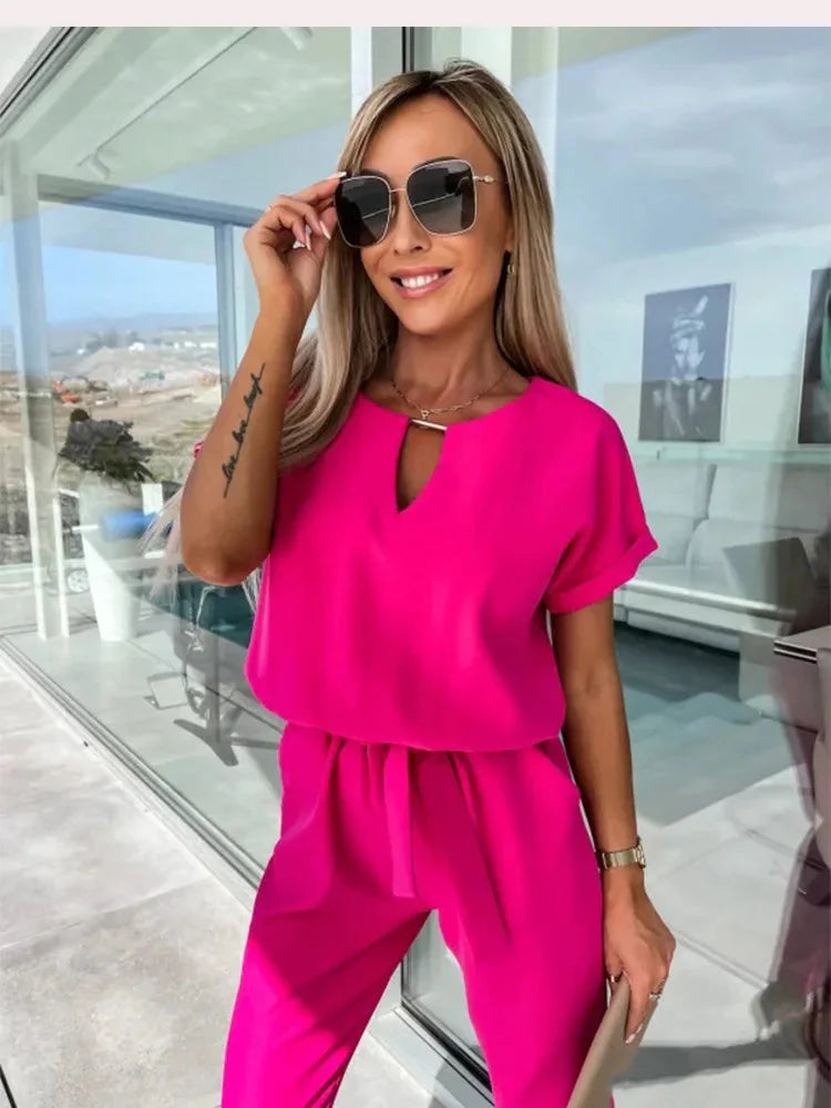 Combinaison Chic & Élégante en Polyester de Qualité - Taille Élastique, Col en V