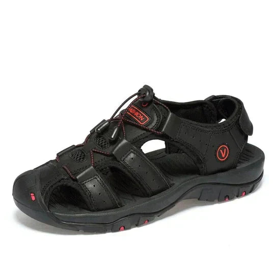 Sandales en cuir véritable noir pour hommes avec soutien voûte plantaire et semelles absorbant chocs
