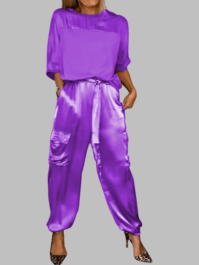 Ensemble de mode deux pièces en satin Eileena couleur Pourpre | Confiance en soi et élégance sophistiquée pour femmes