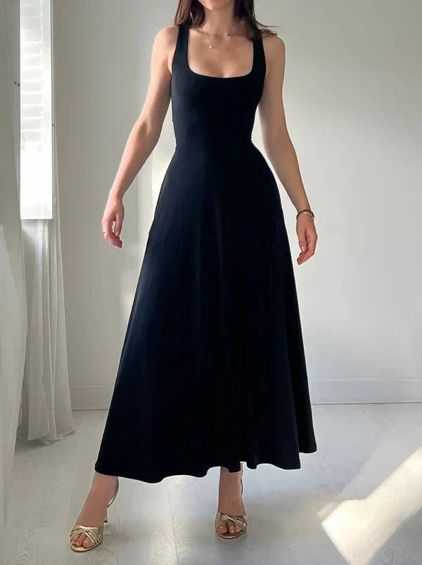 Robe réversible Emma - Noir décolleté carré, style chic, taille ajustable, tissu opaque, vêtements printemps