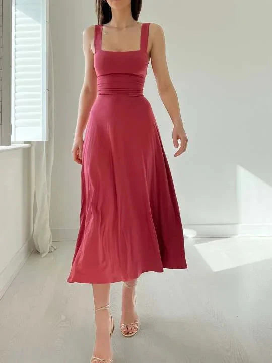 Robe réversible Emma - Rose pourpre décolleté carré, style chic, poches élégantes, tissu opaque