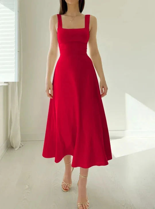Robe réversible Emma - Rouge décolleté carré, poches élégantes, tissu opaque, vêtements printemps
