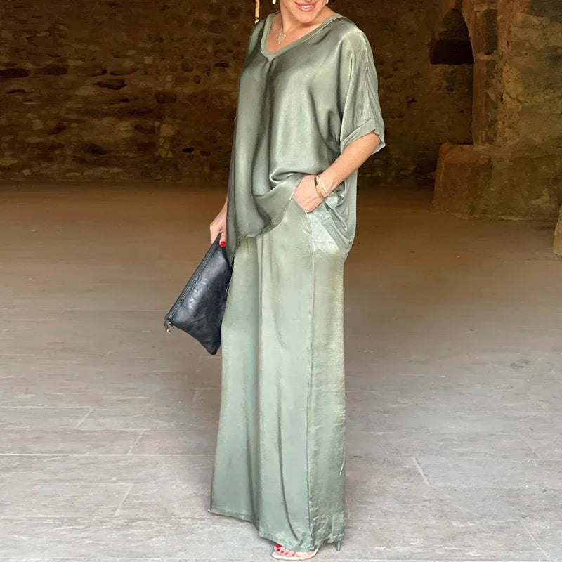 Ensemble Soyeux Isabella avec Haut V et Pantalon Large en Polyester de Qualité do