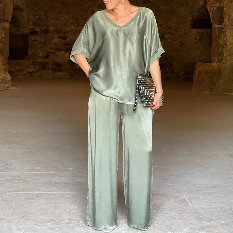 Ensemble Soyeux Isabella avec Haut V et Pantalon Large en Polyester de Qualité do