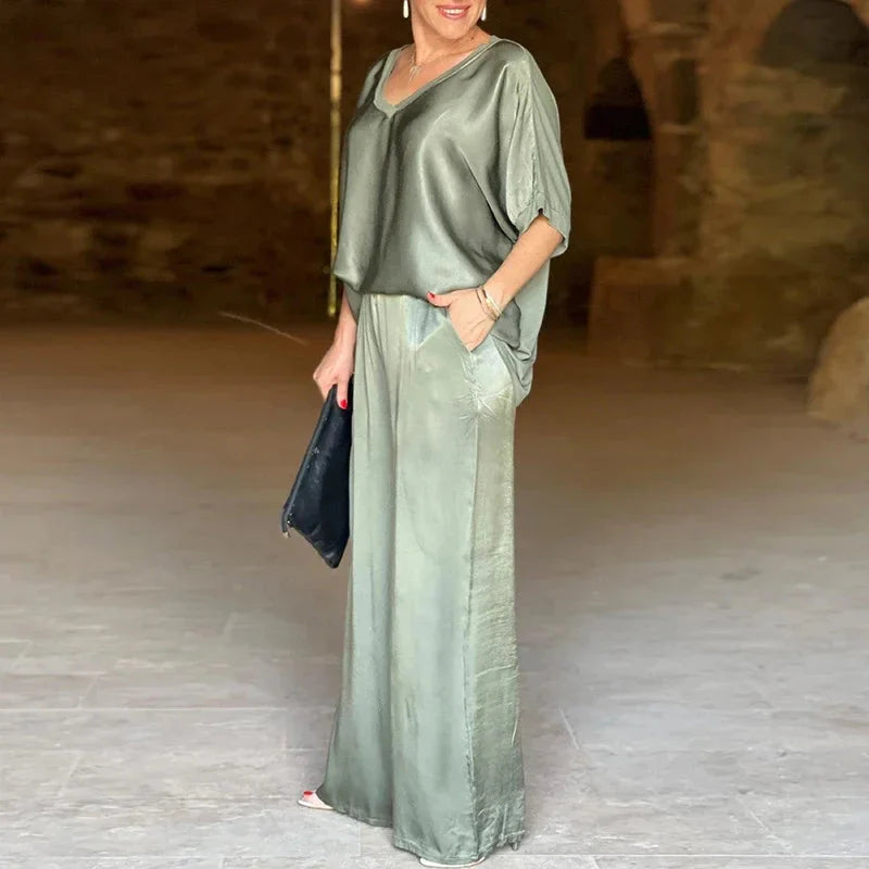 Ensemble Soyeux Isabella avec Haut V et Pantalon Large en Polyester de Qualité do