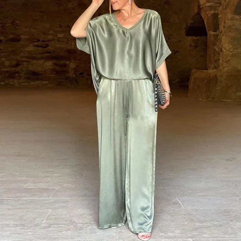 Ensemble Soyeux Isabella avec Haut V et Pantalon Large en Polyester de Qualité do