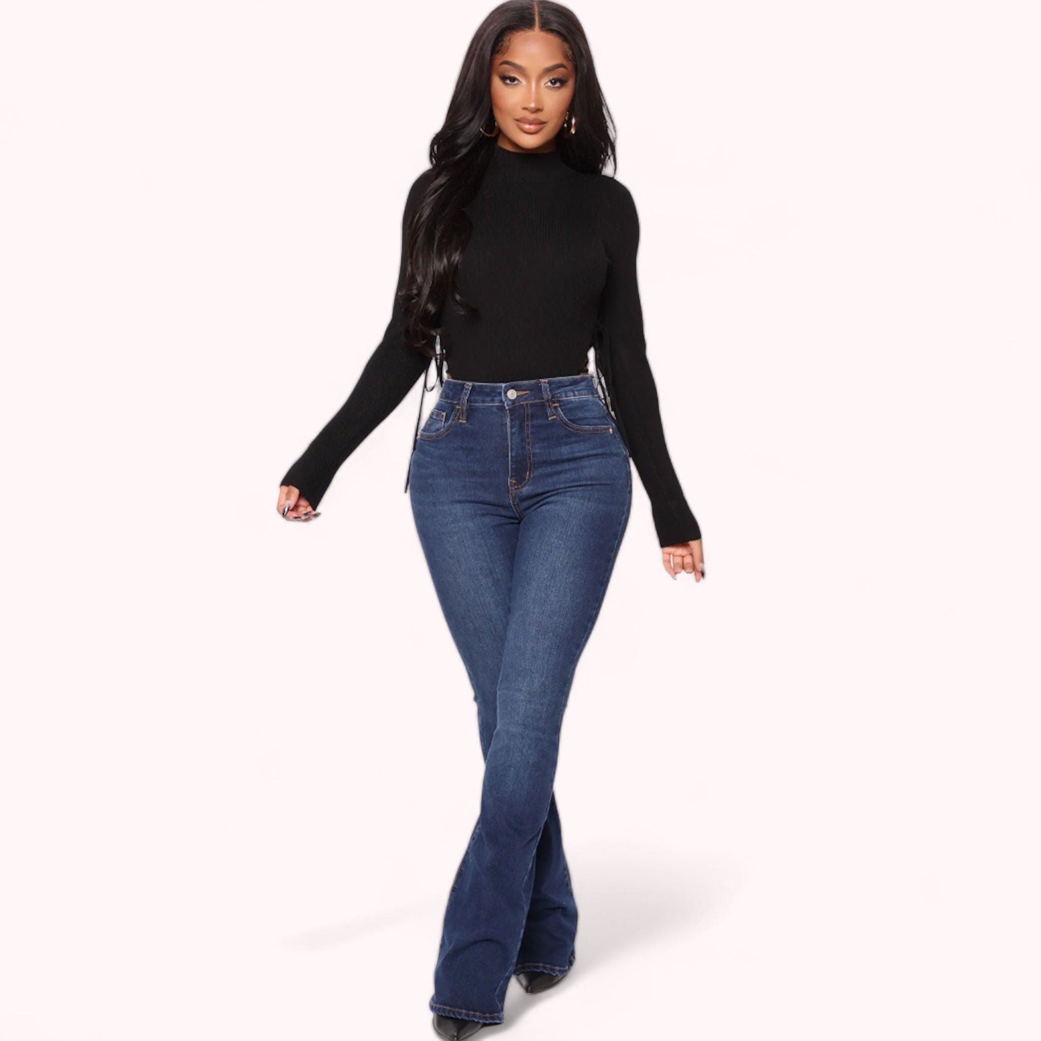 Jeans premium taille haute courbe lift pour femme, denim de qualité, coupe flatteuse, silhouette définie