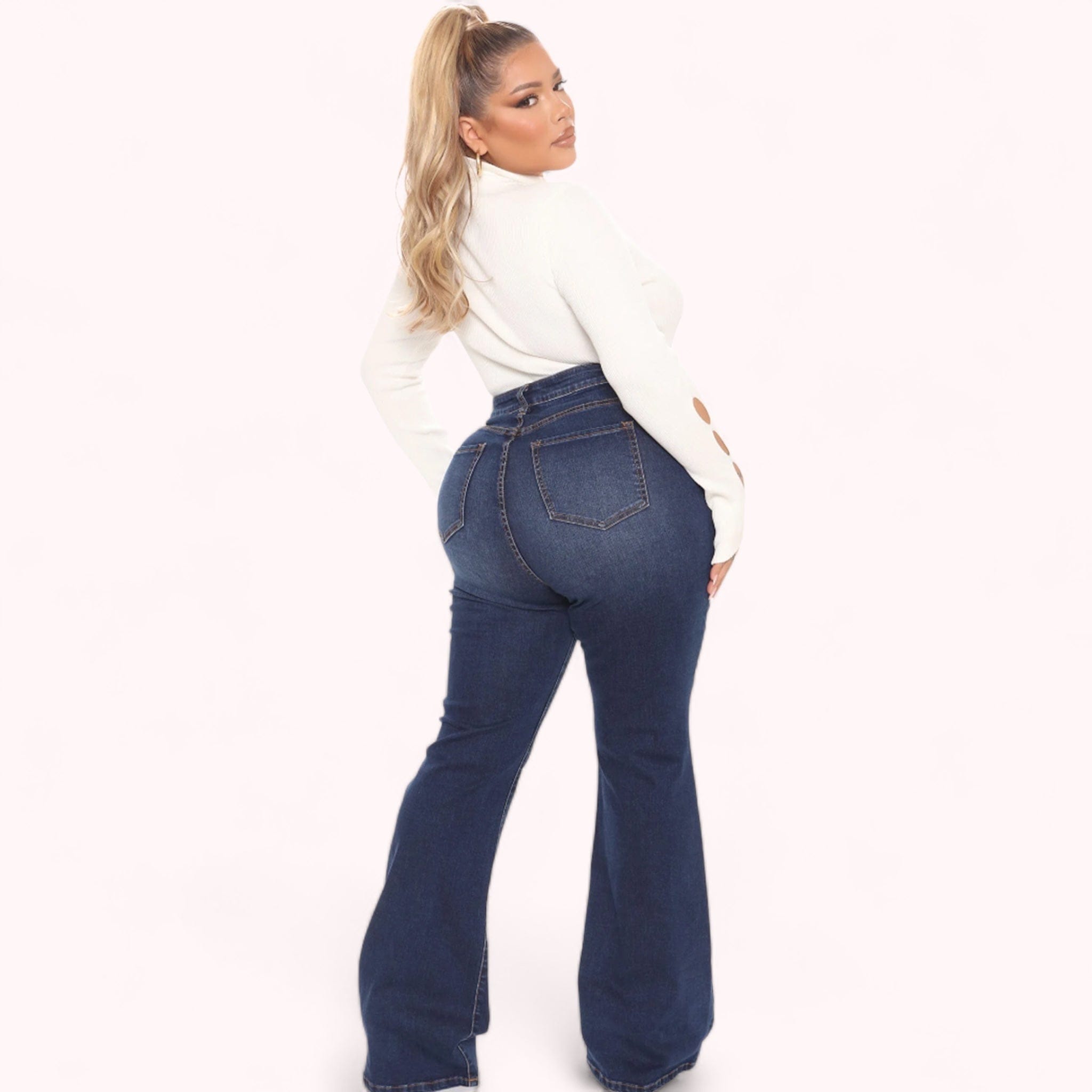 Jeans premium taille haute courbe lift pour femme, denim de qualité, coupe flatteuse, silhouette définie