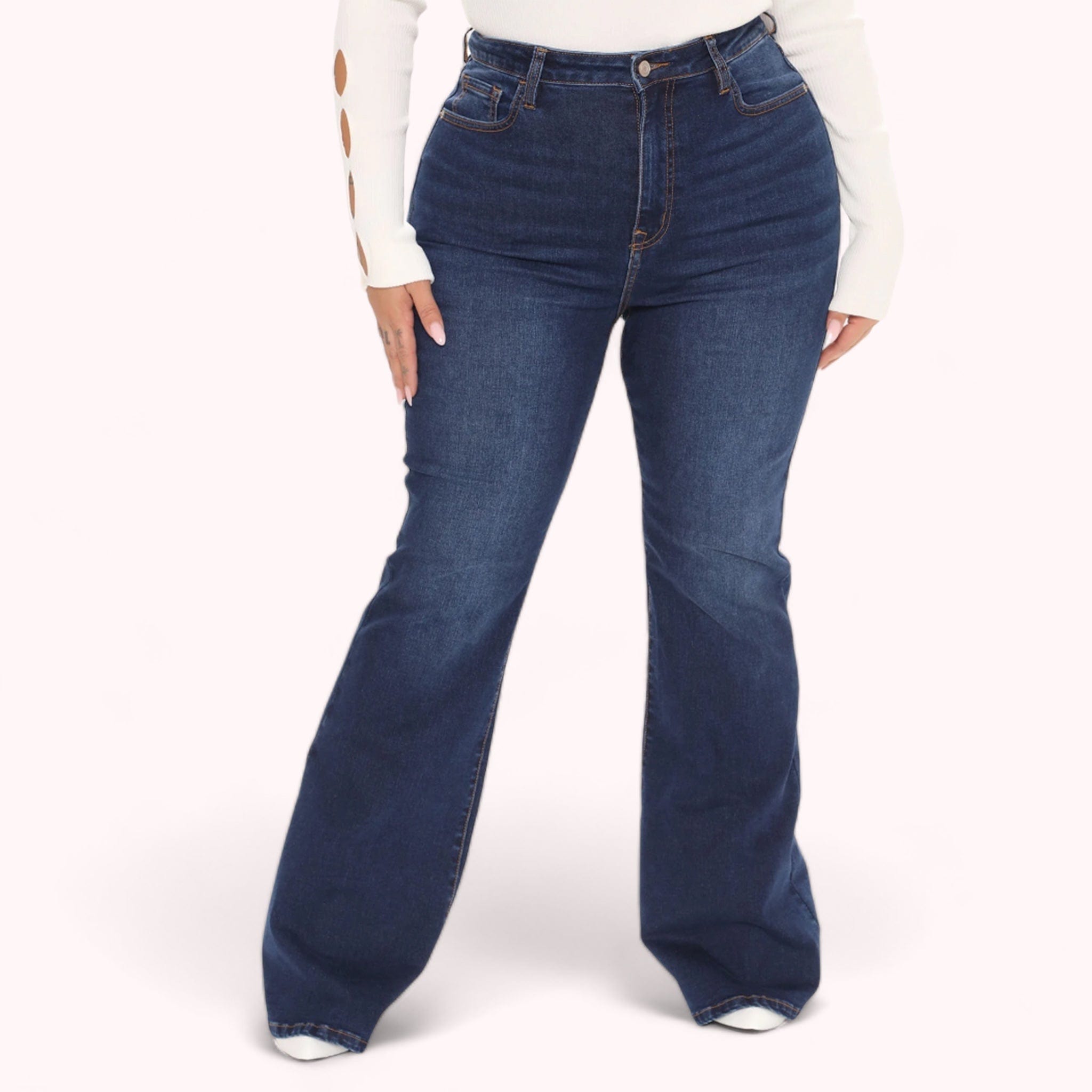 Jeans premium taille haute courbe lift pour femme, denim de qualité, coupe flatteuse, silhouette définie