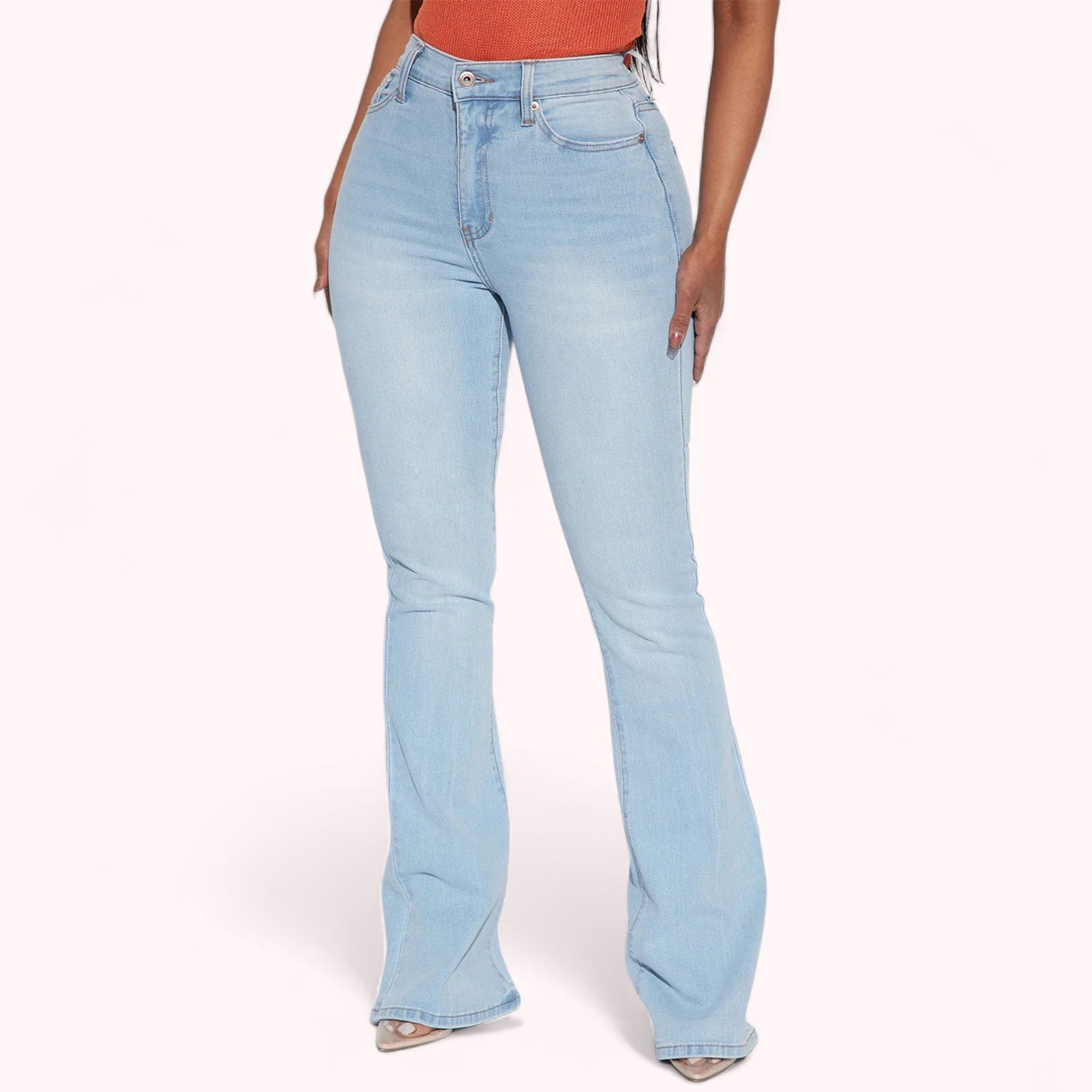 Jeans premium taille haute courbe lift pour femme, denim de qualité, coupe flatteuse, silhouette définie