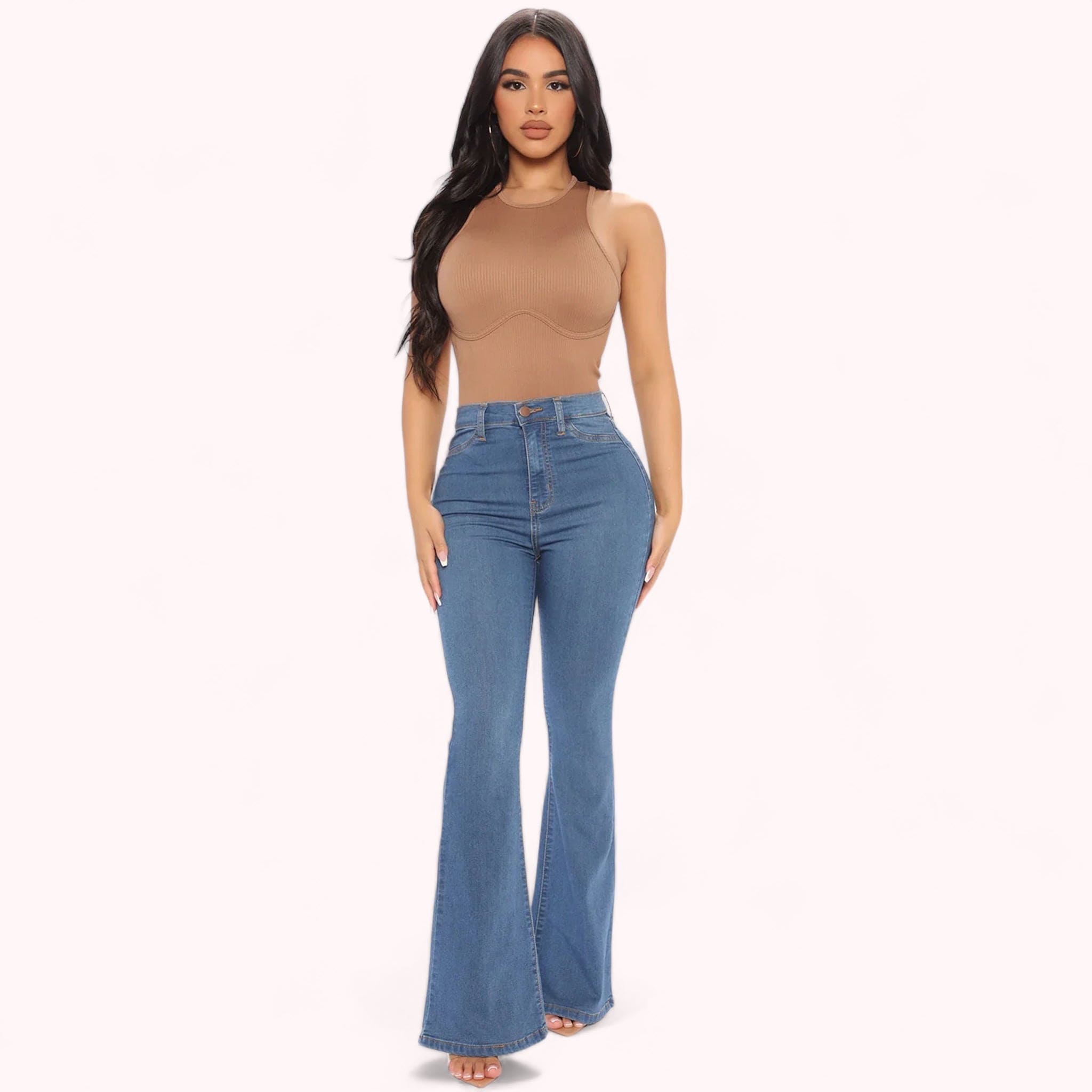 Jeans premium taille haute courbe lift pour femme, denim de qualité, coupe flatteuse, silhouette définie