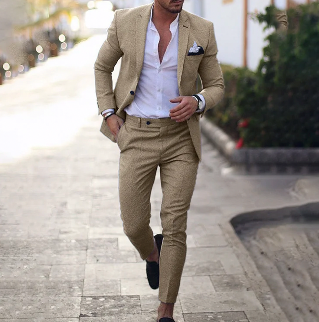 Blazer et pantalon assortis beige - Confort luxueux et mode décontractée trav