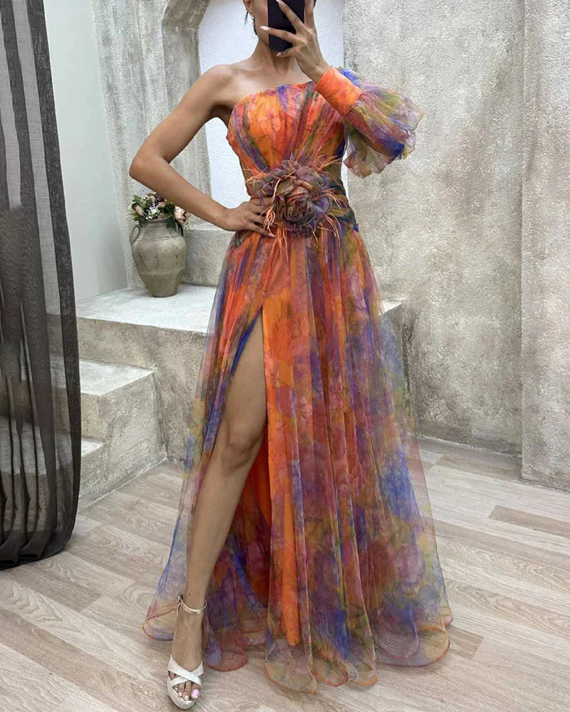 Robe longue imprimée floral Juliette en orange, nouveau modèle et mode femme dog