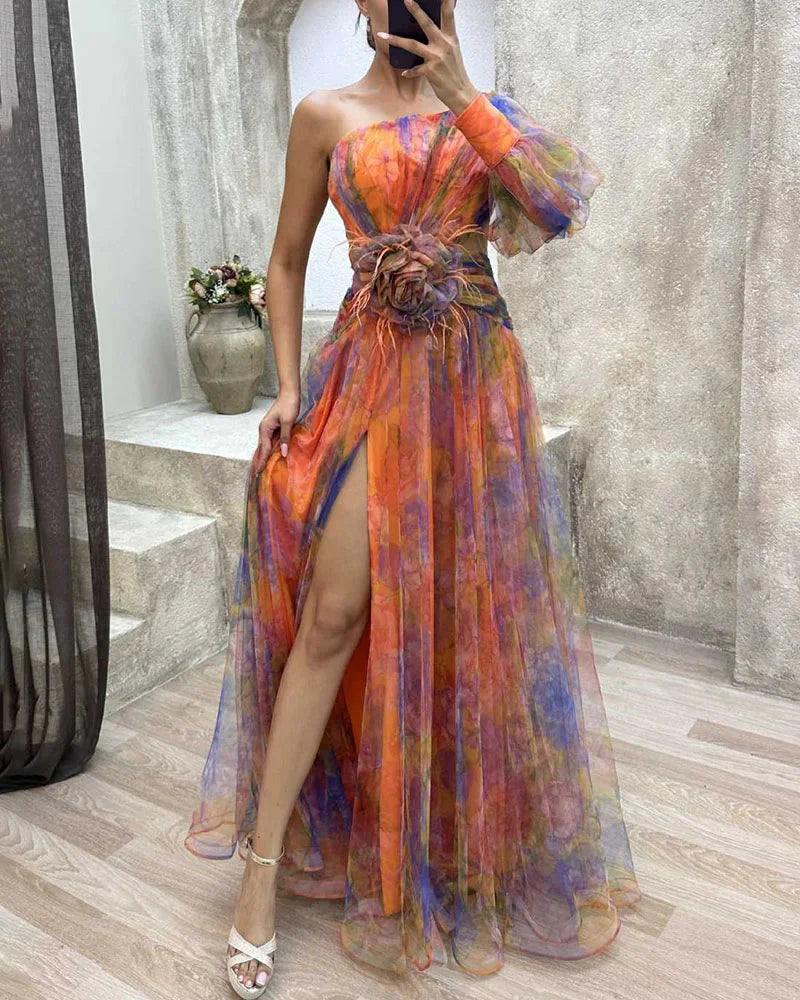 Robe longue imprimée floral Juliette, élégance intemporelle et silhouette flatteuse