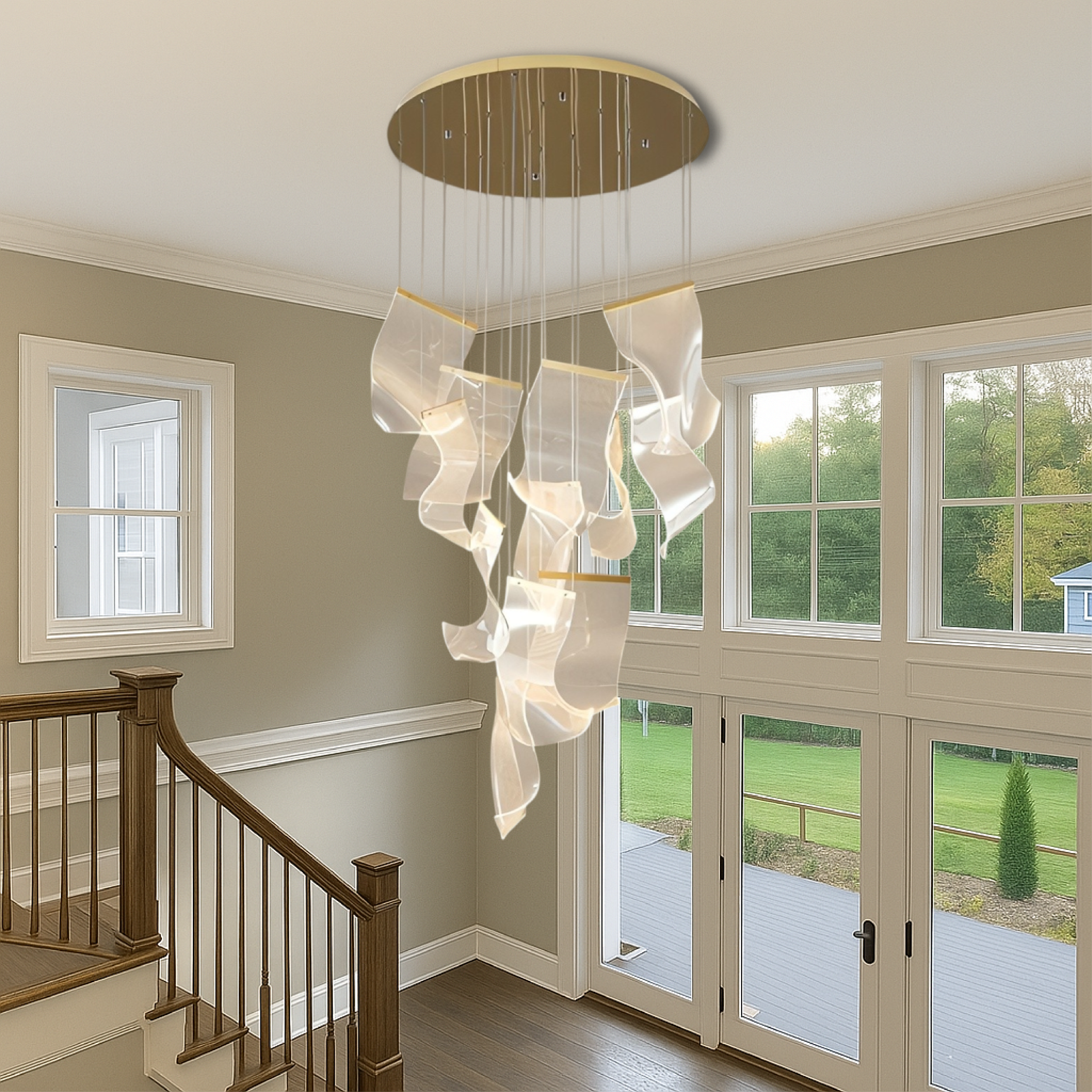 Golden acrylic staircase chandelier