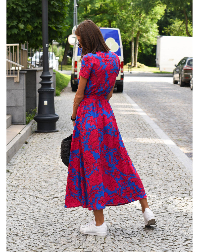 Robe midi Liora à col en V et imprimé floral pour femme élégante travel bottl