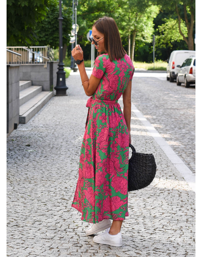 Robe midi Liora à col en V et imprimé floral pour femme élégante travel bottl