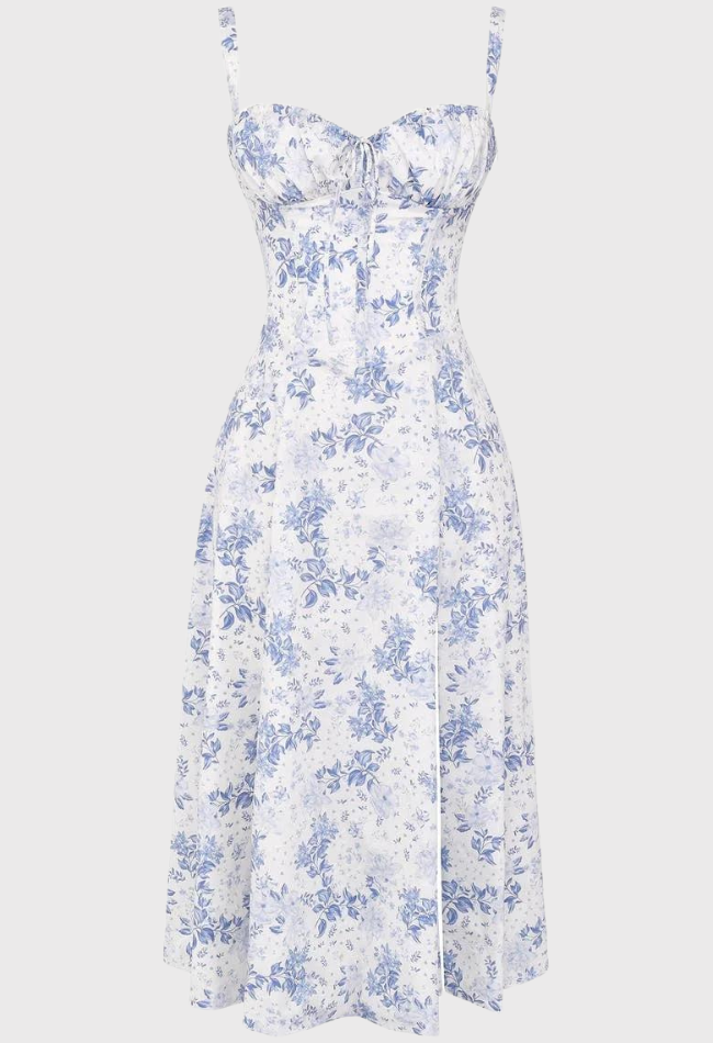 Robe d'Été à Fleurs Nathalie - Impression bleue, Style Polyvalent et Luxe tra