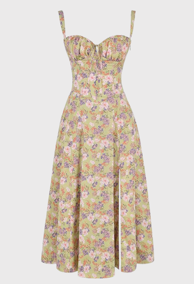 Robe d'Été à Fleurs Nathalie - Impression jaune, Design Élégant et Confort tr