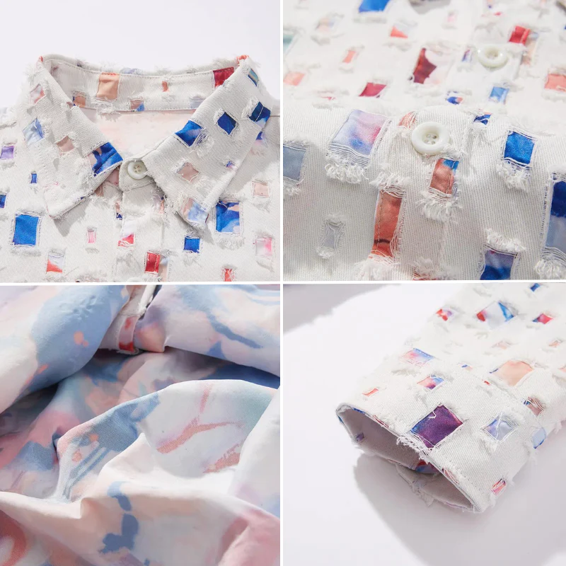 Chemise en denim tendance avec accents colorés et coupes effilochées travel b