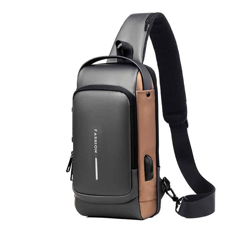 Sac à bandoulière USB antivol gris et marron - Accessoire sécurisé et pratique pour vos besoins quotidiens